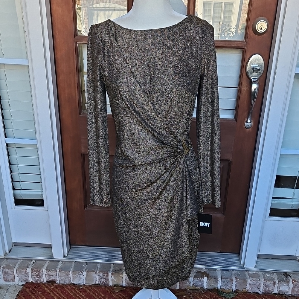 NWT! DKNY Metallic Sheath Gold Shimmer Buckle Cocktail Holiday Party Dress